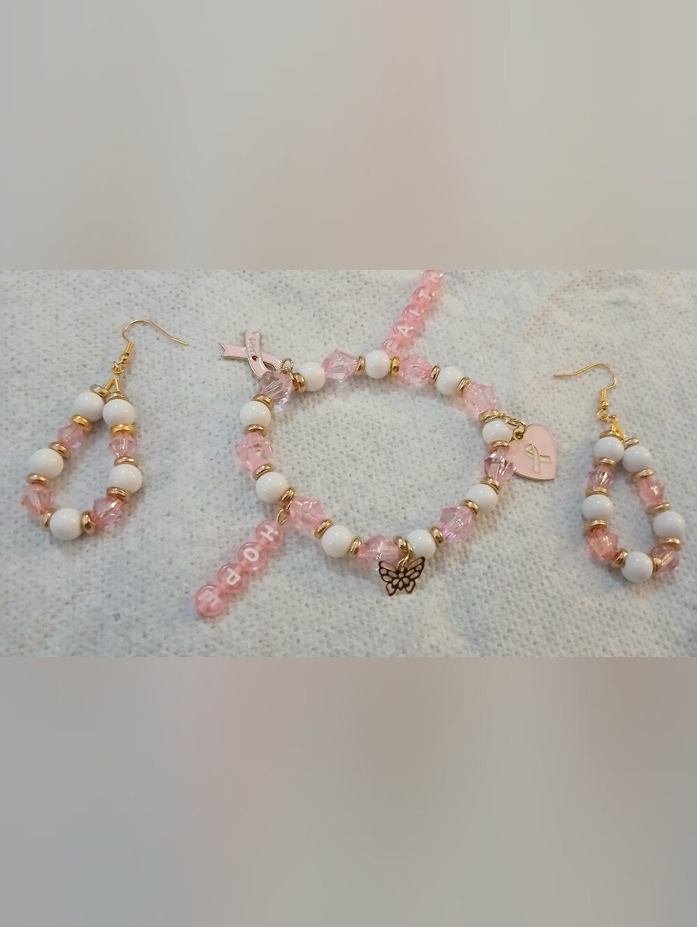 NWT Handcrafted Pink / White Beaded B.C.A. Bracelet and Earring Set, Hope Charm.